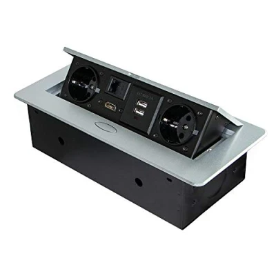 Image of Emuca Pop up multi socket extension for embedding in worktop and desk European Plug, Metallic Grey, 10,4 x 4,7 inch (265x120mm)