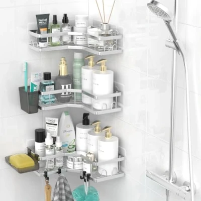 Image of AKTECKE Corner Shower Caddy Bathroom Organizer: Adhesive Rack Bathtub Shelves 3Pack No Drilling Shelf For Inside Stainless Steel Rustproof Stuff