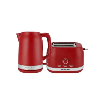Image of Hamilton Beach Ella Kettle &amp; Toaster Set 1.7L Kettle, 2 Slice Toaster, Boil Dry Protection, Compact, 7 Browning Levels, Removable Crumb Tray HBELLAMR, Red