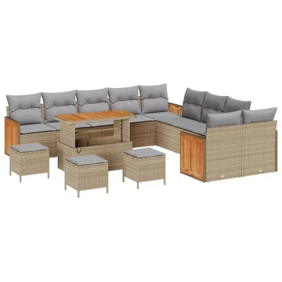 Image of vidaXL 14 Piece Garden Sofa Set with Cushions Beige Poly Rattan Acacia