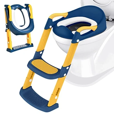 Image of Potty Training Toilet Seat Toddler: Kids with Adjustable Height Non Slip Step Ladder Foldable Portable Trainer Chair Guard Handle Soft Cushion for Baby Boys Girl Blue