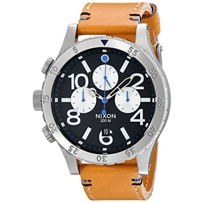 Image of NIXON Men&#039;s 48 20 Gun Rose Stainless Steel Chronograph Watch with Leather Band, Natural/Black, One Size, Chronograph,Quartz Movement