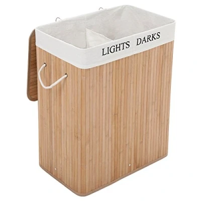 Image of SONGMICS Laundry Basket, 100L, Hamper with Lid, Bamboo, Foldable, Bin 2 Compartments for Light and Dark Clothes, Machine Washable Liner Bag, Natural LCB64Y