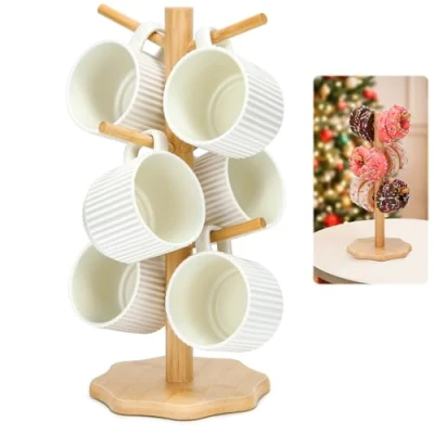 Image of Euqvunn Mug Tree 6 Mugs, Wooden Holder Cup with Thickened Base, Kitchen Countertop Coffee Storage Rack Hooks