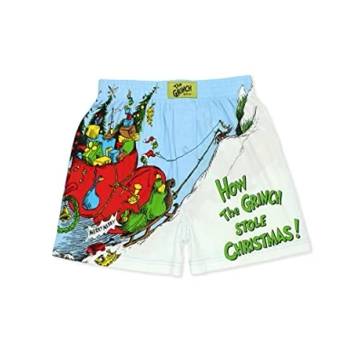 Image of Dr. Seuss The Grinch Holiday Men&#039;s Button Fly Boxer Lounge Shorts, Blue, XXL