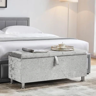 Image of Vida Designs Valencia Storage Ottoman, Fabric Chest with Lid, Seat, Stool, Window Bench, Chest, Toy Box, Pouffee, Footstool, Silver Velvet