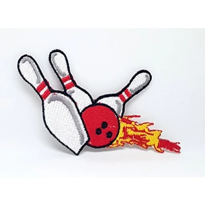 Image of Bowling Pins &amp; Ball Strike Flames Applique Craft Iron Sew on Embroidered Patch