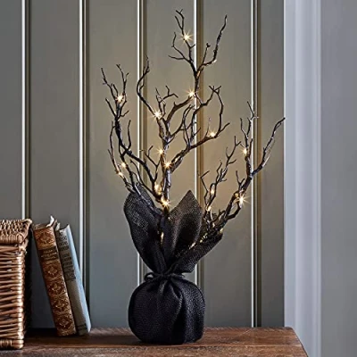 Image of Lights4fun Black Twig Tree Tabletop Halloween Decoration Warm White LED 50cm Battery Timer Indoor Use