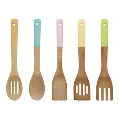 Image of Premier Housewares 0805460 Kitchen Utensil Set, Pastel Handles 5 Piece, Bamboo, Multi/Coloured