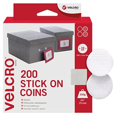 Image of VELCRO Brand Stick On Coins Double Sided Hook &amp; Loop Self Adhesive Sticky Perfect for Room Décor Home, Office, Garage Use White 19mm x Pack of 200