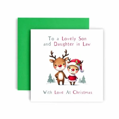 Image of Huxters Festive Christmas card for Son and Daughter In Law Reindeer Cute Design Santa Xmas Traditions (Son Law)