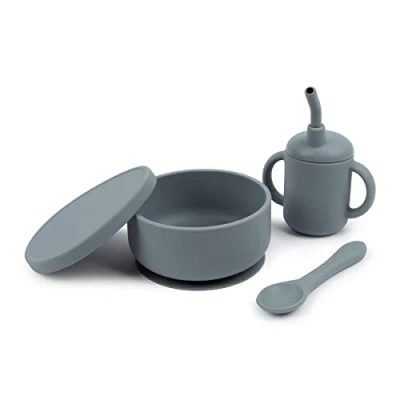 Image of Tiny Dining Baby Feeding Set Tradewinds 3pc Silicone with Divided Suction Bowl, Sippy Cup and Weaning Spoon for Babies, Toddlers &amp; Kids