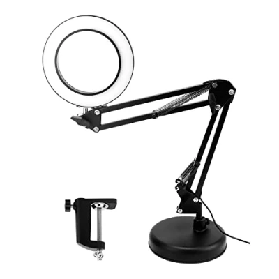 Image of QWORK® Magnifying Lamp with Clamp &amp; Base, 10X Magnifier Lamps, 3 Color Modes 10 Brightness Dimmable, Adjustable Swivel Arm Lamp, Black