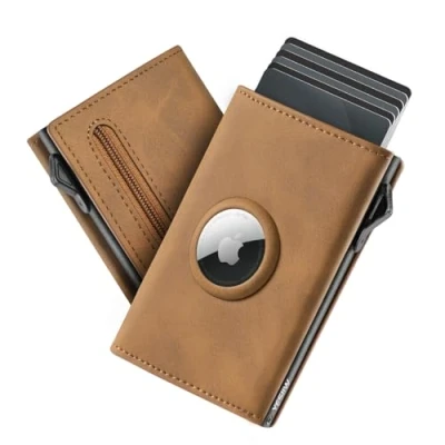 Image of YESIIW Mens Wallets for Apple Air Tag, Airtag Men Minimalist Card Wallet RFID Blocking, Slim Holder Pop Up with Coin Pocket &amp; ID Window, Gift, Brown