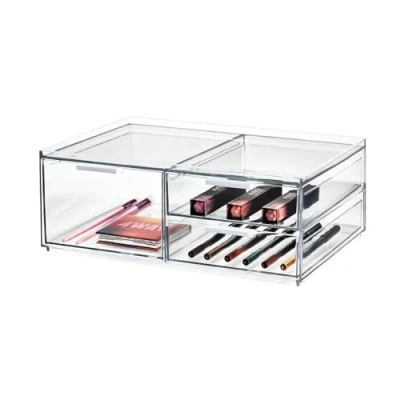 Image of iDesign 3 Drawer Makeup Box from the Signature Series by Sarah Tanno, Wide PET Organiser Storage, Clear/Matte White