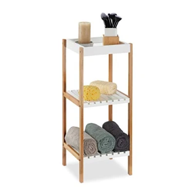 Image of Relaxdays Bathroom Shelf with 3 Shelves Free Standing Shelving Unobstructed Bamboo MDF without Drilling Height 72 x 30 29 cm Natural/White