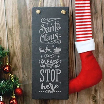 Image of eBuyGB Santa Claus Please Stop Here Sign, Slate Christmas Hanging Plaque, Xmas Decoration, 30 x 12 cm