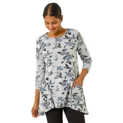 Image of Roman Originals Swing Top with Pockets for Women UK Ladies Hanky Hem Asymmetric Tunic Blouse Longline Long Stretch Jersey Casual Round NeckTee Shirt T Monochrome Size 12