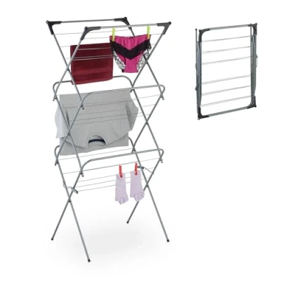 Image of Relaxdays Foldable Laundry Rack, Drying Horse, 18 rods, 136 x 62 52 cm, Indoor, Metal, Airing, Space Saving, Grey, Iron, 51 cm