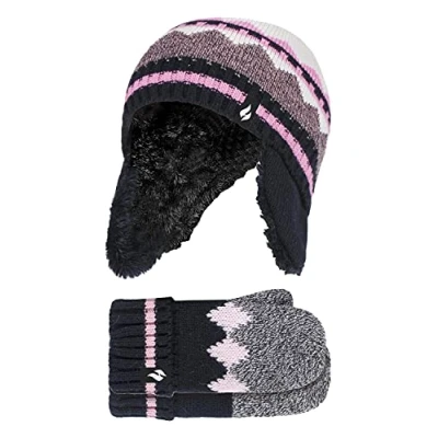 Image of HEAT HOLDERS Girls Nordic Pattern Fairisle Design Trapper Hat with Mittens Gloves Set (3 6 Years, Black)