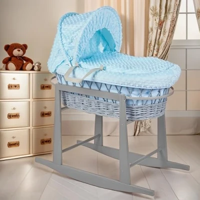 Image of BABYMAM Moses Basket Wicker Grey Rocking Stand Baby Padded Dimple Blue Bedding Full Set with Mattress
