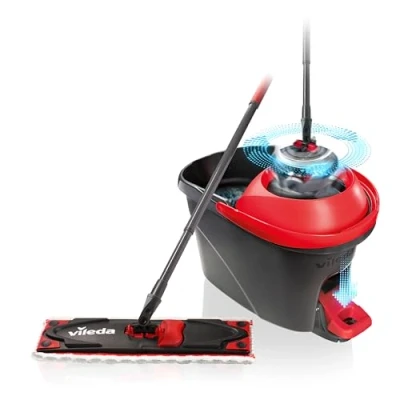Image of Vileda Ultramax Turbo 2 in 1 Floor Mop Complete Set, with Telescopic Handle, Microfibre Cover and Bucket Power Spinner, for All Hard Floors, Handle Length 75 130 cm, Eco Packaging