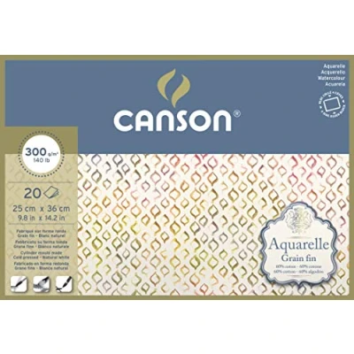 Image of CANSON Aquarelle Watercolour Cold Pressed 300gsm Paper, Block Glued 4 Sides, 25x36cm Natural White 20 Sheets, Ideal for Professional Artists