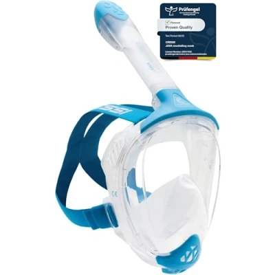 Image of CRESSI Java Full Face Mask Clear/Blue S/M Unisex Snorkel Mask, Ultra Clear Anti Fog Lens, 100% Silicone, Dry with Safety Valves, Transparent/Blue,