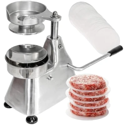 Image of Stainless Steel Burger Press, Heavy Duty Hamburger Meat Patty Maker Forming Processor with 500 Pcs Papers,100mm