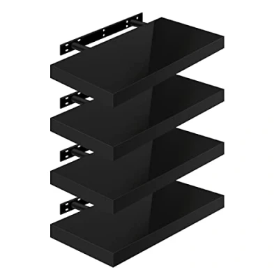 Image of WOLTU High Gloss Floating Shelves,Set of 4 Wall Shelf,CD DVD Storage Corner Shelf, Premium Wooden Shelves for Bedroom LivingRoom kitchen 50x22.9x3.8cm, Black, RG9477sz