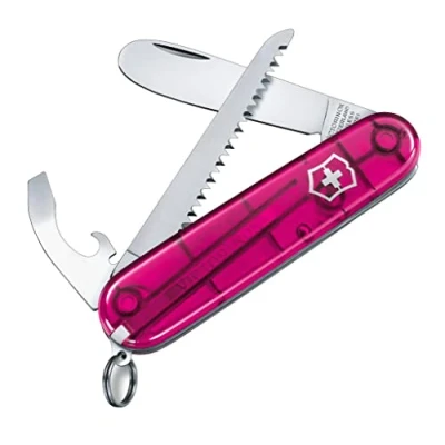 Image of Victorinox My First Swiss Army Pocket Knife for Children, Small, Multi Tool, 9 Functions, Pink Transparent