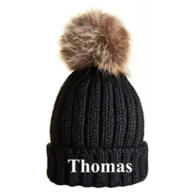 Image of Kids Essentials Boys Girls Personalised Pom Bobble Knitted Hat (Black, 5 10 Years)