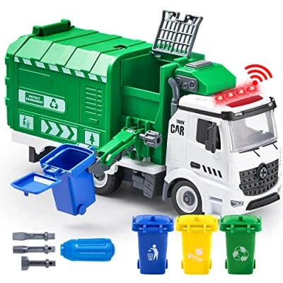 Image of JOYIN Jumbo Take Apart Friction Powered Side Dump Recycling Garbage Truck Toy with Light and Sounds, 3 Trash Cans, Screwdriver Toys, for DIY Assembly
