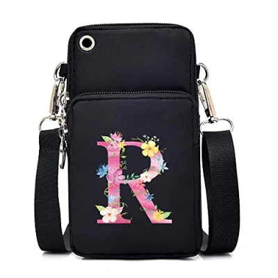 Image of FINDING CASE initial letter Printed Women Girls men Zipper Waterproof Nylon 3 Layers Crossbody Bags Wallet Cellphone Purse Shoulder Bag Wristlet Handbags Adjustable Strap (pink R)