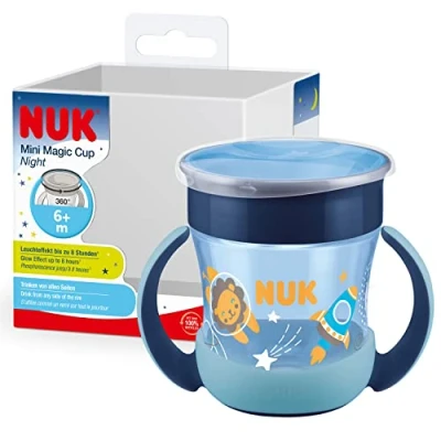 Image of NUK Mini Magic Cup Learning with Luminous Effect, 6+ Months, 160 ml, Leak Proof 360 Drinking Rim, Ergonomic Handles, BPA Free, Lion (Blue)