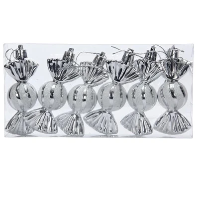 Image of 6 PCS 11CM Christmas Hanging Candy Ornaments Glitter Cane Peppermint Xmas Baubles for Tree Decorations, Silver