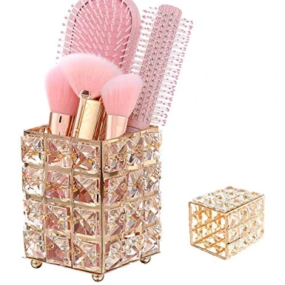 Image of Crystal Gold Makeup Brush Holder, Organizer, Cosmetics Pen Pencil Metal + Square Elegant Luxury Holder for Lip Liners, Eye Pads(Golden)