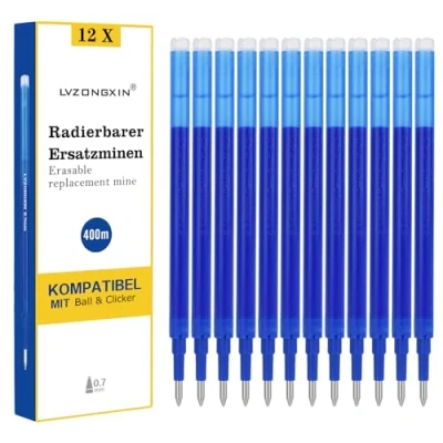 Image of Pack of 12 LVZONGXIN Erasable Refills, Compatible with Pilot Frixion [Blue], Rollerball Pen, Tip 0.7 mm, Refill Ink (Blue) (Blue, 12)
