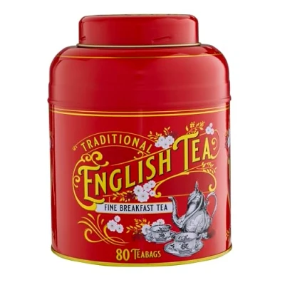 Image of New English Teas, Vintage Victorian Caddy in red with 80 Teabags, Breakfast Tea