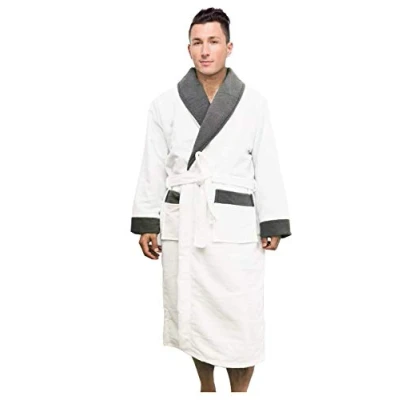 Image of AIMS Men’s Shawl Collar Style Dressing Gown Bathrobe, Housecoat Loungewear Super Soft Luxury Microfiber Terry Cotton, Warm, Cosy Fleece Nightwear Robe, Spa Hotel Sleepwear (White, S/M)