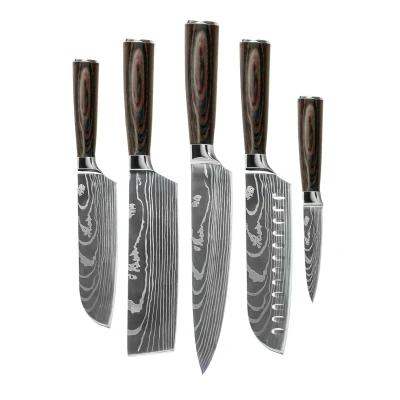 Image of 5 piece Japanese knife set damascus print