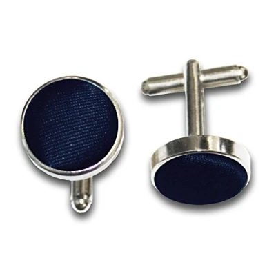 Image of DQT Men Plain Satin Fabric Inlay Wedding Cufflinks Navy Blue