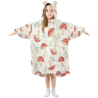 Image of Ewusp Mushroom Leaf Wearable Blanket Hoodie for Kids Oversized Hooded Sweatshirt Flannel with Pocket