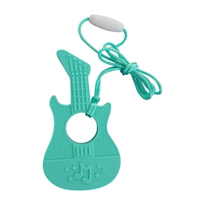 Image of Music Guitar Silicone Teether Soother Teething Sensory Chewy Chewelry BPA Free with Chord and Breakaway Clasp, 7 Colours (Turquoise)