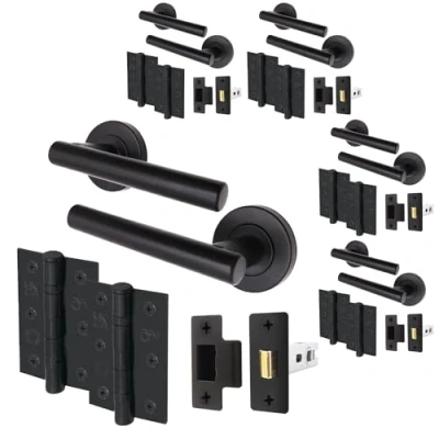 Image of EAI Black Door Handle Latch Set Pack of 5 Round T Bar Internal Handles, (64mm), Hinges (76mm) Matt Lever on Rose Oliena Range