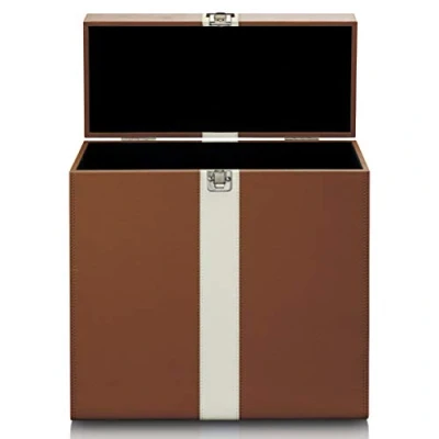 Image of Lenco Classic Phono TTA 301 Storage Case for 30 Vinyl Records with Carry Handle and Metal Buckle Protective Velvet Lining Brown/White