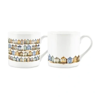 Image of Beach Huts Mug Set Coastal Seaside Themed Gift Present Bone China Tea/Coffee Cups of 2