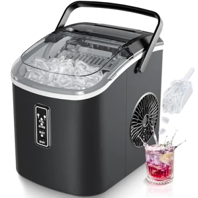 Image of EUHOMY Small Ice Maker Machine Ready in 6 Minutes, Produces 9 Cubes, 12 Kg/Day, Self Cleaning, Portable with Handle, Basket, and Scoop, 2 Cube Sizes for Home, Kitchen, Black