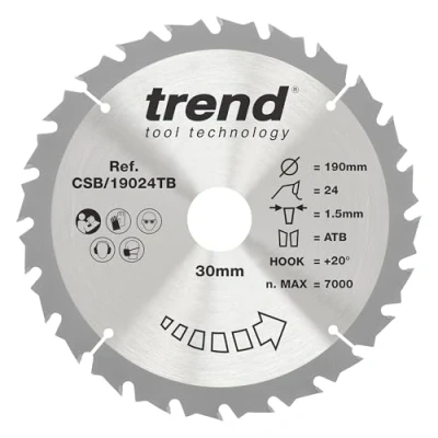 Image of Trend Wood Cordless Circular Saw Blade, 190mm Diameter, 30mm Bore, 24 Teeth, TCT, 2mm Kerf, +15 Hook, CSB/19024TB