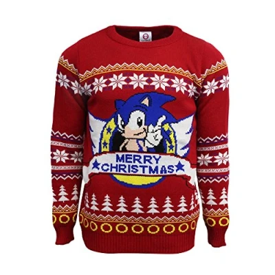 Image of Official Sonic the Hedgehog Christmas Jumpers Ugly Novelty Gifts Men Or Women Xmas Jumper Officially Licensed SEGA Unisex Knitted Sweater Design
